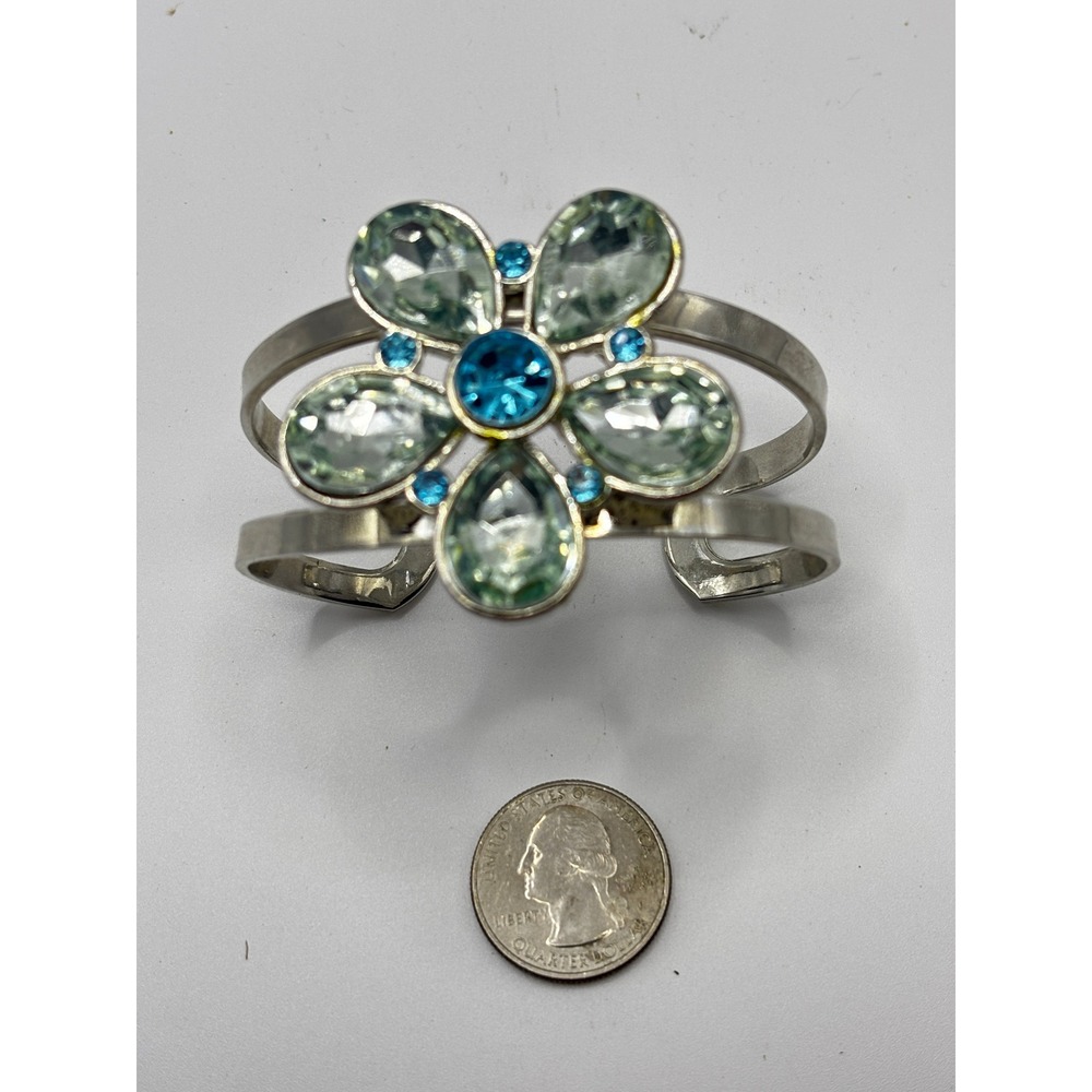 SO Floral Cuff Bracelet Womens‎ OS Silver Blue Green Crystal Statement Jewelry